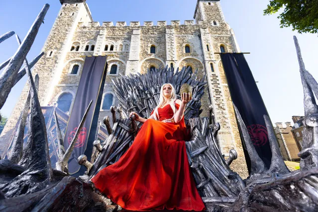 Cosplayer and super fan Sophia sits on the Iron Throne outside the Tower of London on Monday, August 8, 2022 to mark the launch of the Game of Thrones prequel, House of the Dragon, airing on Sky and streaming service NOW from August 22. (Photo by David Parry/PA Wire Press Association)