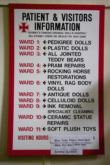 A sign at Sydney's Doll Hospital shows the various “wards” where dolls, rocking horses and prams can be admitted for repair, May 20, 2014. (Photo by Jason Reed/Reuters)