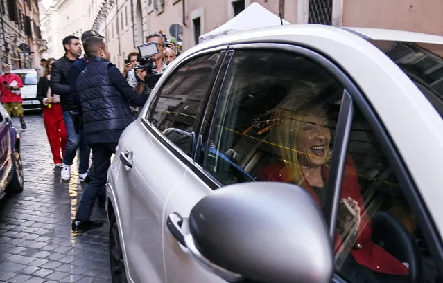 President of Italian party Brothers of Italy (Fratelli d'Italia / FdI) Giorgia Meloni leaves the party's headquarters in Rome, Italy, 27 September 2022. The rightwing Brothers of Italy (FdI), which won general election held on 25 September, saw their votes rise almost five-fold over what they got in the last election in 2018, according to interior ministry figures released on 27 September. (Photo by Claudio Peri/EPA/EFE)