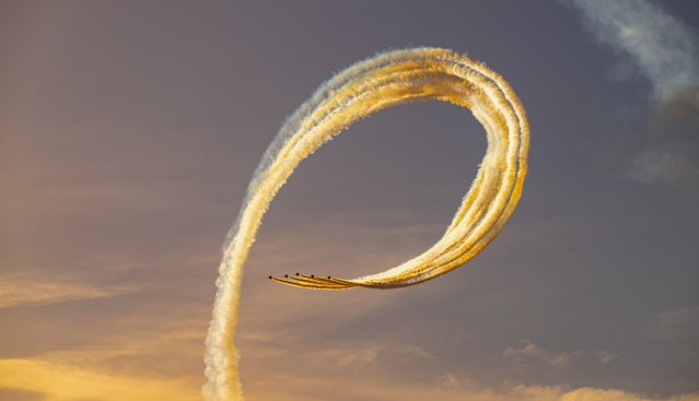 The Red Arrows took advantage of some sunny weather to carry out their winter training exercises over RAF Waddington in Lincolnshire, UK on Armistice Day on November 11, 2024. (Photo by Claire Hartley/BAV Media)