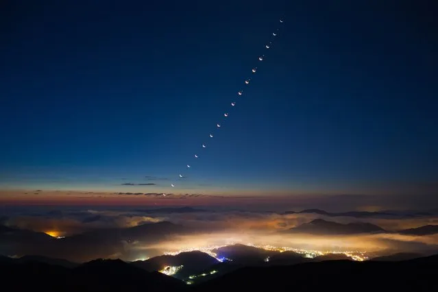 “Venus-Lunar Occulation”. In 2012, O Chul Kwon succeeded in his goal of photographing a Venus- Lunar Occulation with this stunning time-lapse image over Mount Hamkaek in South Korea; an ambition he had held since seeing the phenomenon in 1989. The photograph shows us what happens when the Moon and Venus appear the occupy the same postiion in the sky. Venus becomes temporarly hiddend by theMoon, only to re-emerge in less than an hour, highlighting the relatively quick apparent motion of the latter through our skies as it makes its 27.3 day orbit around the Earth. (Photo by O Chul Kwon, South Korea/The Astronomy Photographer of the Year 2014 Contest)