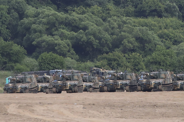 South Korean army's K-55 self-propelled howitzers are seen at the border with North Korea, South Korea, Tuesday, June 16, 2020. North Korea blew up an inter-Korean liaison office building just inside its border in an act Tuesday that sharply raises tensions on the Korean Peninsula amid deadlocked nuclear diplomacy with the United States. (Photo by Ahn Young-joon/AP Photo)