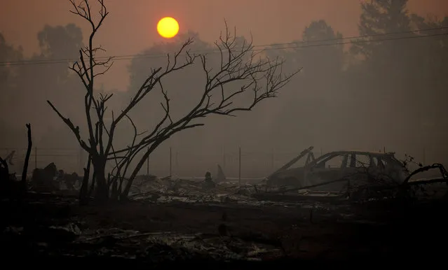 The sun rises Tuesday morning morning along Highway 175 in Middletown after the Valley fire roared through the area on September 15, 2015 near Santa Rosa, Calif. (Photo by Wally Skalij/Los Angeles Times/TNS)