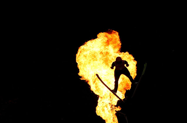 Karl Geiger during Red Bull Target Jumping at Wielka Krokiew ski jump in Zakopane, Poland on April 5, 2025. During the competition different than in traditional ski jumping, the winners were not those who jumped the farthest but those who managed to jump on the designated point. (Photo by Jakub Porzycki/Anadolu via Getty Images)