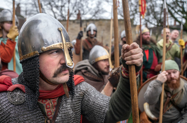 Viking re-enactors during the Jorvik Viking Festival in York on Saturday, February 17, 2024. The festival celebrates York's rich Norse heritage with a programme of events, including living history encampments, markets, workshops, talks, tours and dramatic combat performances. (Photo by Danny Lawson/PA Images via Getty Images)