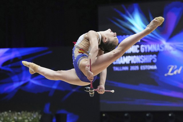 Daniela Pico of Spain performs during the individual all-around final of the European Championships in Rhythmic Gymnastics at the Unibet Arena, Tallinn, Estonia, Saturday, June 7, 2025. (Photo by Sergei Grits/AP Photo)