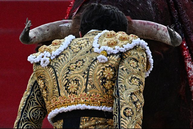 French matador Carlos Olsina faces the bull during his bullfight as part of the Feria in Beziers, southwestern France, on August 14, 2025. (Photo by Gabriel Bouys/AFP Photo)