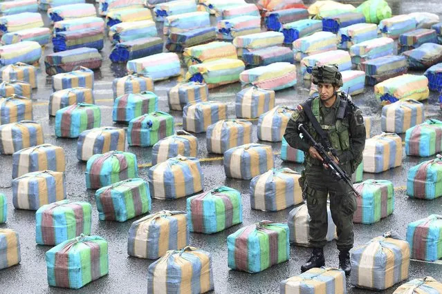 A Colombian police officer stands guard near packs of confiscated marijuana in Cali March 26, 2013. According to authorities, narcotics police confiscated 7.7 tons (6985 kilograms) of marijuana that were transported in two trucks at a checkpoint in Valle del Cauca, which belonged to the sixth front of the Revolutionary Armed Forces of Colombia (FARC). They also said that 80 tons of marijuana have been seized so far this year. (Photo by Jaime Saldarriaga/Reuters)