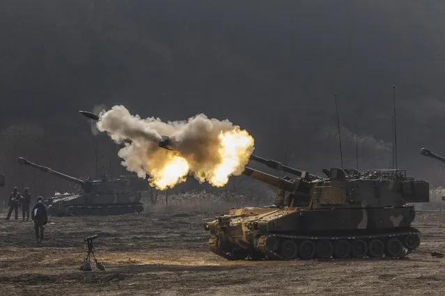 Soldiers of the Army's 17th Division conduct an artillery live-fire drill with K-55A1 self-propelled howitzers at an Army training range in Paju, north of Seoul, South Korea, 03 March 2023. (Photo by EPA/EFE/Stringer)