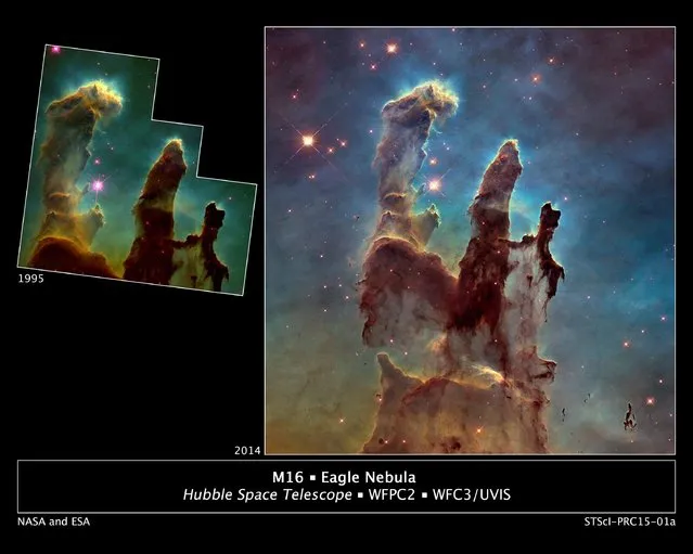 A bigger and sharper Hubble telescope photograph of the iconic Eagle Nebula's “Pillars of Creation” (R) is seen next to the original 1995 Hubble picture in this NASA image released January 6, 2015. By comparing the 1995 and 2014 pictures, astronomers also noticed a lengthening of a narrow jet-like feature that may have been ejected from a newly forming star. (Photo by Reuters/NASA/ESA/Hubble Heritage Team)