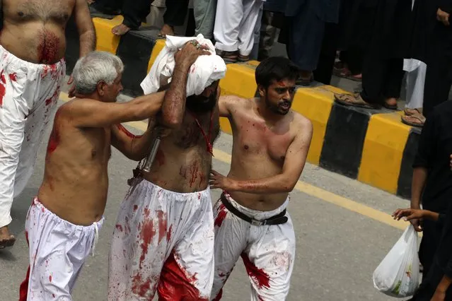 Shiite Muslims escort an injured man after flagellate himself with knifes on chains during a procession to mark Ashoura, in Peshawar, Pakistan, Friday, July 28, 2023. Ashoura is the Shiite Muslim commemoration marking the death of Hussein, the grandson of the Prophet Muhammad, at the Battle of Karbala in present-day Iraq in the 7th century. (Photo by Mohammad Sajjad/AP Photo)