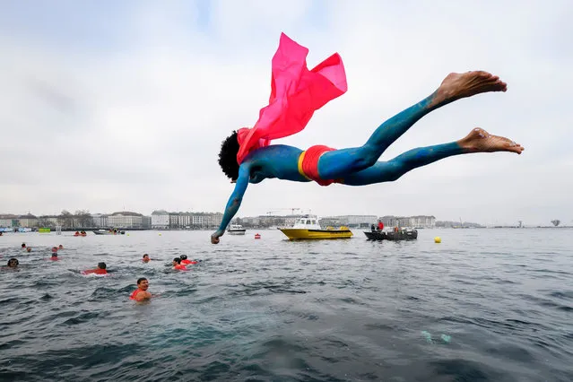 A swimmer disguised as Superman dives into the lake during the 78th “Coupe de Noel” (Christmas cup) swimming race in the Lake Geneva, on December 18, 2016 in Geneva. More than 1800 participants took part in the event, a 12-meter-long swimming off the Geneva's bank in the 7 degrees Celsius cold water. (Photo by Fabrice Coffrini/AFP Photo)