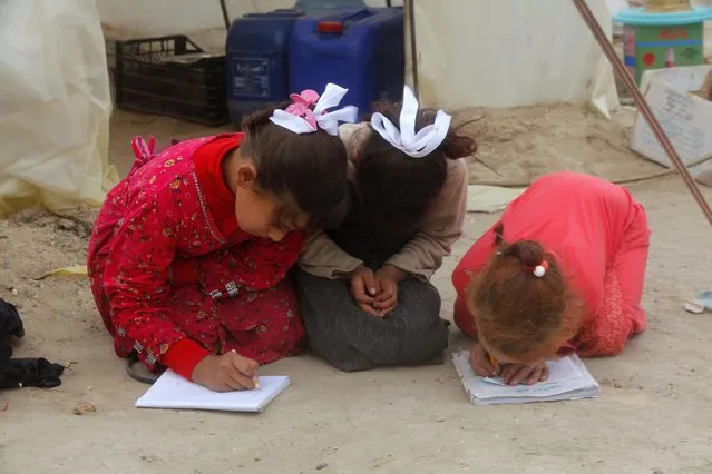 Displaced Iraqi Sunni children from Anbar province, study at Camp Habbaniyah between the cities of Fallujah and Ramadi, March 12, 2015. (Photo by Alaa Al-Marjani/Reuters)
