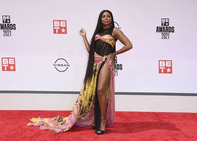 American actress Taraji P. Henson arrives at the BET Awards on Sunday, June 27, 2021, at the Microsoft Theater in Los Angeles. (Photo by Jordan Strauss/Invision/AP Photo)