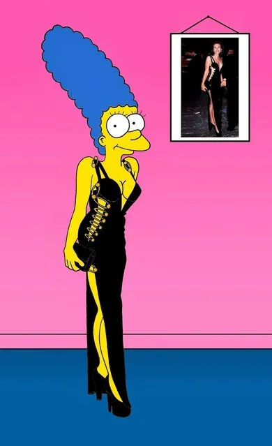 Marge Simpson as Liz Hurley. Black Versace dress of Elizabeth Hurley.