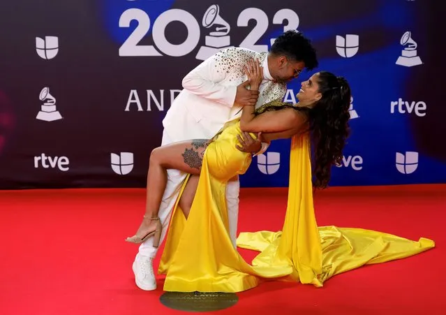 Colombian-American musician and singer AleMor and her husband Wizzmer pose on the red carpet during the 24th Annual Latin Grammy Awards show in Seville, Spain on November 16, 2023. (Photo by Marcelo del Pozo/Reuters)