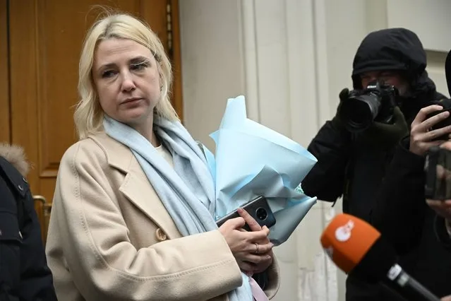 Russian politician Yekaterina Duntsova speaks to journalists after she appealed in Russia's Supreme Court a decision by Russia's Central Election Commission that refused to accept her initial nomination by a group of supporters, citing errors in the documents submitted, in Moscow, Russia, Wednesday, December 27, 2023. Duntsova lost her appeal against Russia's Central Election Commission's refusal to accept her initial nomination to run for president in March's election by a group of supporters. (Photo by Dmitry Serebryakov/AP Photo)