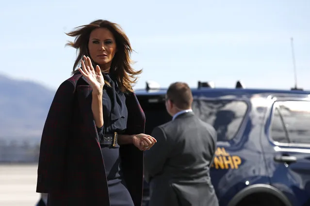First lady Melania Trump waves as she boards an aircraft at McCarran International Airport in Paradise, Nev., after participating in a town hall on the opioid epidemic in Las Vegas, Tuesday, March 5, 2019, during a two-day, three-state swing to promote her Be Best campaign. (Photo by Patrick Semansky/AP Photo)