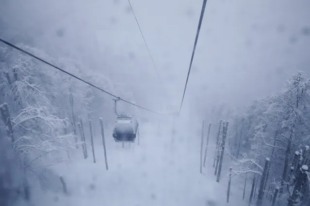 A gondola makes its way toward the Rosa Khutor Alpine Center, a venue for alpine skiing at the 2014 Winter Olympics, Friday, January 31, 2014, in Krasnaya Polyana, Russia. (Photo by Jae C. Hong/AP Photo)