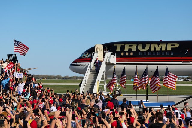 Republican presidential candidate and former U.S. President Donald Trump disembarks from “Trump Force One” at a campaign event in Freeland, Michigan, U.S. May 1, 2024. (Photo by Brendan McDermid/Reuters)
