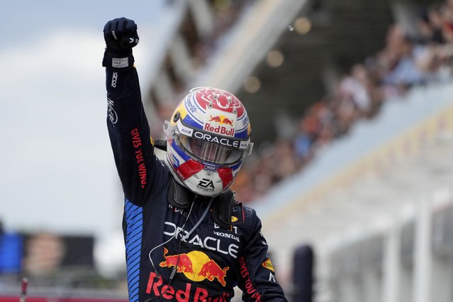Red Bull Racing driver Max Verstappen, of the Netherlands, celebrates after winning the Formula 1 Canadian Grand Prix auto race in Montreal, Sunday, June 9, 2024. (Photo by Christine Muschi/The Canadian Press via AP Photo)