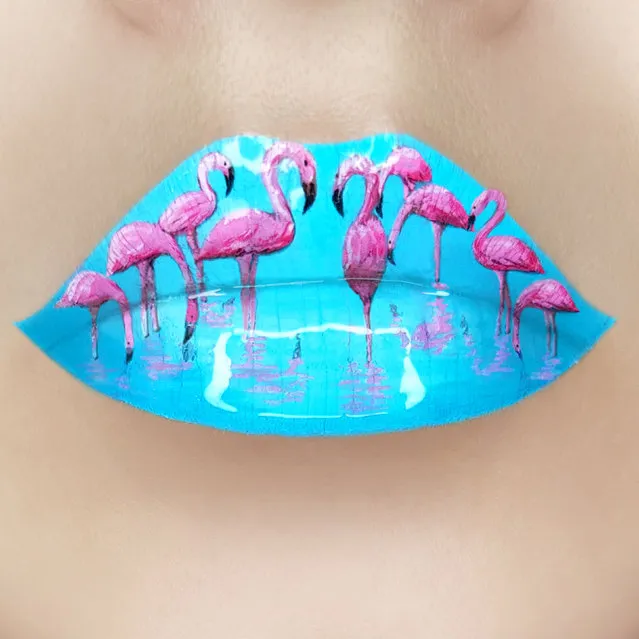 Tutushka's lipstick art work on her lips showing flamingos in the water. (Photo by Tutushka Matviienko/Caters News Agency)