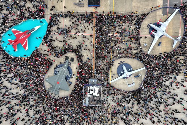 An aerial view of Turkish aircrafts while people gathering to attend the third day of Turkiye's largest technology and aviation event TEKNOFEST at Istanbul's Ataturk Airport on April 29, 2023 in Istanbul, Turkiye. (Photo by Ali Atmaca/Anadolu Agency via Getty Images)