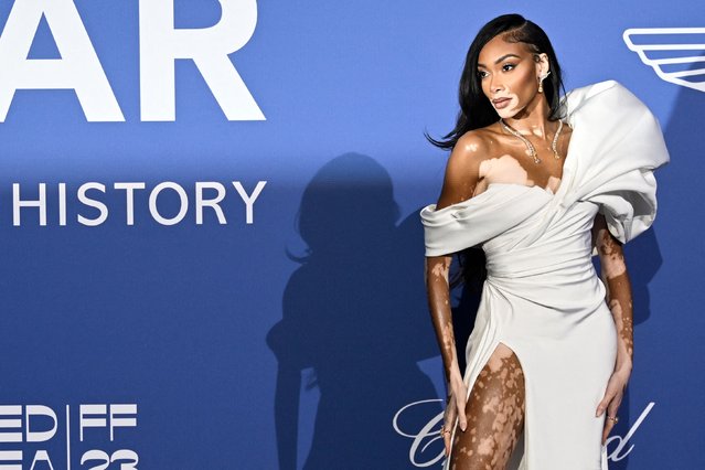 Canadian model Winnie Harlow arrives to attend the annual amfAR Cinema Against AIDS Cannes Gala at the Hotel du Cap-Eden-Roc in Cap d'Antibes, southern France, on the sidelines of the 76th Cannes Film Festival, on May 25, 2023. (Photo by Patrícia de Melo Moreira/AFP Photo)