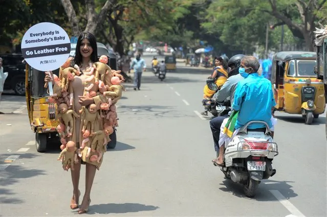 An activist of People for the Ethical Treatment of Animals (PETA) stands along a road wearing a coat with baby dolls to raise awareness about the leather industry, in Hyderabad on May 6, 2022. (Photo by Noah Seelam/AFP Photo)