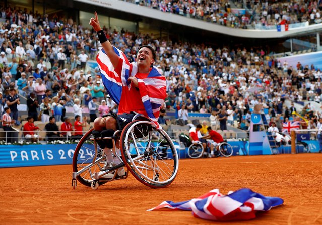 Gordon Reid of Britain celebrates after winning his gold medal match in wheelchair tennis men's doubles with Alfie Hewitt of Britain against Tokito Oda of Japan and Takuya Miki of Japan on September 6, 2024. (Photo by Carlos Garcia Rawlins/Reuters)