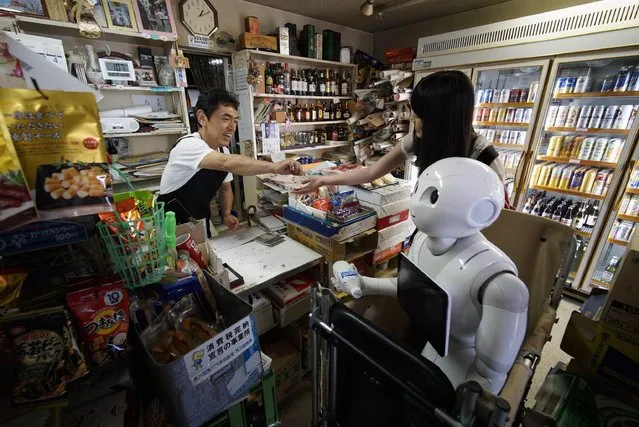 Tomomi Ota (R) buys a soft drink with her humanoid robot Pepper at a local shop in Tokyo, Japan, 26 June 2016. (Photo by Franck Robichon/EPA)