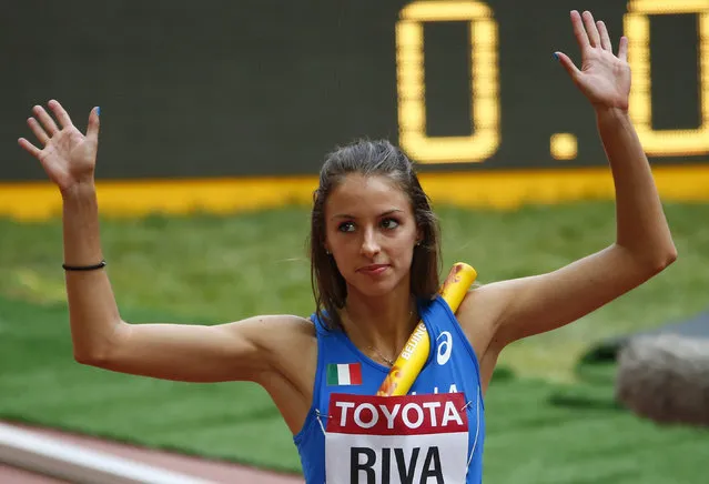 Giulia Riva of Italy gestures before during her women's 4 x 100 metres relay heat at the 15th IAAF Championships at the National Stadium in Beijing, China August 29, 2015. (Photo by David Gray/Reuters)
