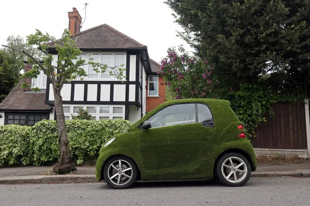 A car covered in artificial grass is seen parked in a residential street in London, Britain on May 3, 2020. (Photo by Russell Boyce/Reuters)