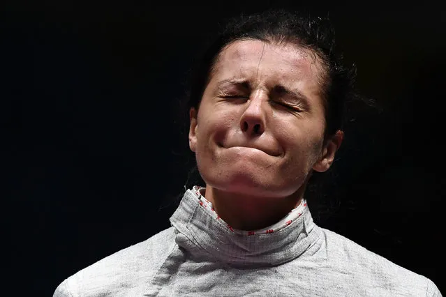 Poland's Malgorzata Kozaczuk reacts after losing to Tunisia's Azza Besbes  in their womens individual sabre qualifying bout as part of the fencing event of the Rio 2016 Olympic Games, on August 8, 2016, at the Carioca Arena 3, in Rio de Janeiro, Brazil. (Photo by Kirill Kudryavtsev/AFP Photo)