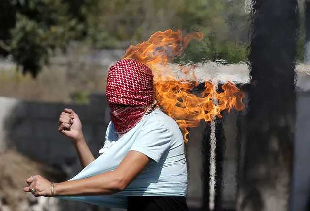 A Palestinian protester sets fire to himself as he throws a molotov cocktail during clashes with the members of the Israeli armed forces in the West Bank city of Hebron, 13 October 2015. The past 12 days have seen the worst spell of street violence in Israel and the Palestinian areas in years, stirred in part by Muslim anger over perceived changes to the status quo observed at a disputed Jerusalem holy site. (Photo by Abed Al Hashlamoun/EPA)