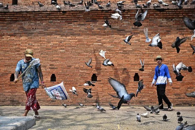 A tourist (R) stands near Ta Pae Gate for pictures as pigeons fly by in Chiang Mai on April 10, 2023. (Photo by Lillian Suwanrumpha/AFP Photo)