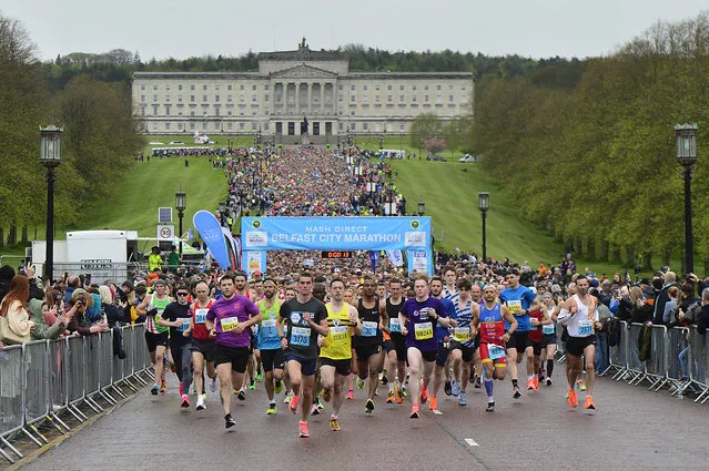 The Belfast City Marathon started from the Stormont Estate on Sunday morning,  April 30, 2023. Thousands of runner took part in the 26.2 mile-long race. The route took runners across Belfast, past landmarks including City Hall and Parliament Buildings, before finishing in Ormeau Park. (Photo by Arthur Allison/Pacemaker Press)
