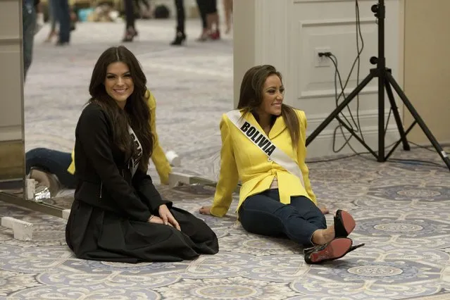 Miss Brazil 2014 Melissa Gurgel (L) and Miss Bolivia 2014 Claudia Tavel are pictured during rehearsals for the 63rd annual Miss Universe Pageant in Miami, Florida in this January 16, 2015 handout photo. (Photo by Reuters/Miss Universe Organization)