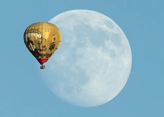 A hot air balloon floats past a rising moon over Rancho Santa Fe, California, United States September 25, 2015. (Photo by Mike Blake/Reuters)