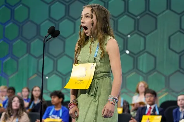 Elise Cournoyer, 14, from Richmond,Vt., competes during the Scripps National Spelling Bee, Wednesday, May 31, 2023, in Oxon Hill, Md. (Photo by Alex Brandon/AP Photo)