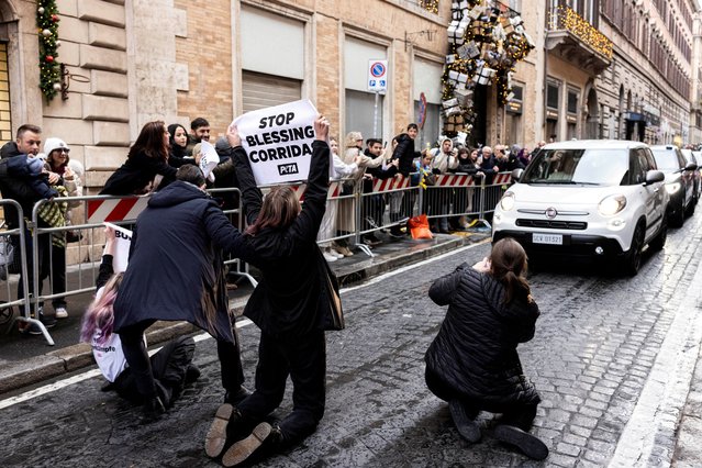 PETA activists interrupt the convoy of Pope Francis, ahead of Immaculate Conception celebration prayer, to stage a protest against bullfighting in Rome, Italy, on December 8, 2024. (Photo by Matteo Minnella/PETA/Handout via Reuters)