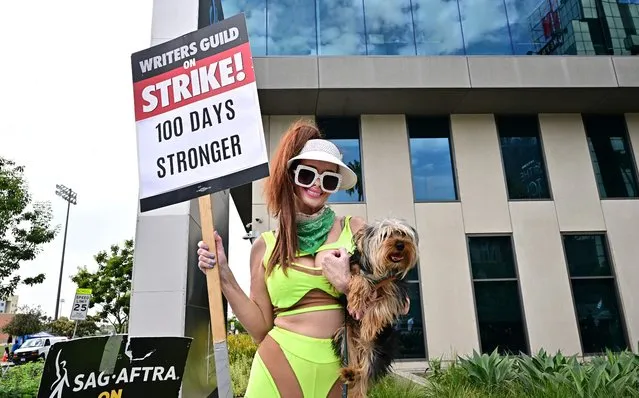 Actress Phoebe Price holds her dog and a picket sign joining  members of the Writers Guild of America and the Screen Actors Guild on the picket line outside of Netflix in Hollywood, California, on August 9, 2023. Film and TV production ground to a halt 100 days ago when writers downed their pens, only to be joined on the picket lines in mid-July by actors. (Photo by Frederic J. Brown/AFP Photo)