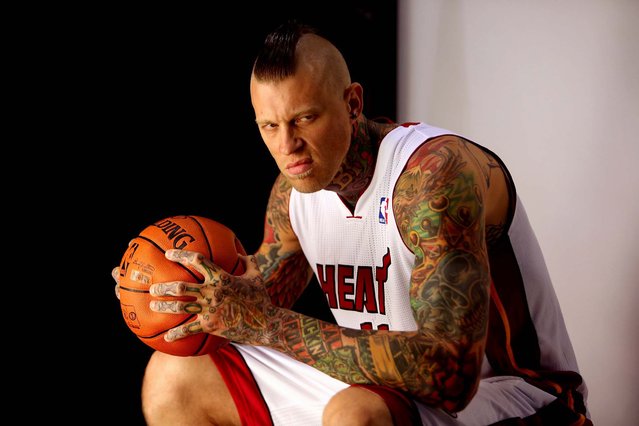 Chris “Birdman” Andersen poses for Getty Images photographer Mike Ehrmann during the Miami Heat's Media Day at AmericanAirlines Arena, on September 30, 2013. (Photo by Gary Coronado/The Palm Beach Post)