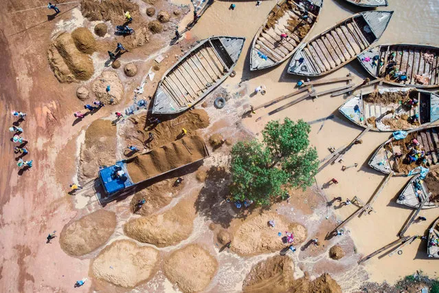 An aerial view shows Malian workers loading sand collected from the Niger river bed into a truck at the port of Bamako on October 7, 2018. Increasing construction in the Malian capital has boosted the demand for bricks made out of high-quality Niger River sand. Diggers can travel more than 100 kilometres (60 miles) from Bamako to reach an extraction site, sometimes exposed to harsh weather conditions that endanger their fragile convoys. Once there, sand collectors dive down to the river bed to fill up buckets. They then tip their contents into a boat that can reportedly carry up to 10 tonnes of sand at a value of 50,000 CFA (around $80). While men usually collect the sand from river beds far from the capital for a total of 9000 to 13000 CFA (around $16 to $23) for three days of work, women unload it in Bamako for a rate of 1,000 CFA (around $1.75) per shipment. (Photo by Michele Cattani/AFP Photo)