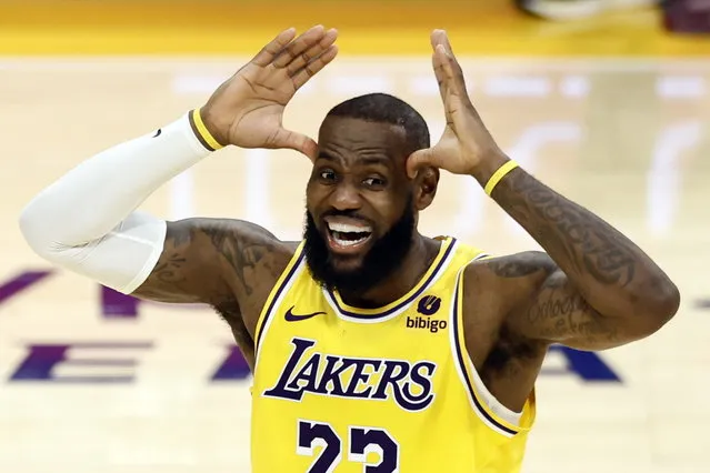 Los Angeles Lakers forward LeBron James reacts during the fourth quarter of the game between the Dallas Mavericks and the Los Angeles Lakers at Crypto.com Arena in Los Angeles, California, USA, 22 November 2023. (Photo by Etienne Laurent/EPA)