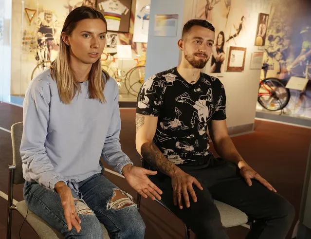 Belarusian Olympic sprinter Krystsina Tsimanouskaya, left, and her husband Arseni Zdanevich speak to The Associated Press in Warsaw, Poland, on Wednesday August 11, 2021. The runner, who has found refuge to rebuild her life in Poland, described the feeling of safety when police took her away from her national team officials. (Photo by Czarek Sokolowski/AP Photo)