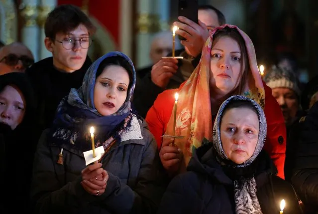 Mourners attend a funeral service and a farewell ceremony for Russian opposition politician Alexei Navalny at the Soothe My Sorrows church in Moscow, Russia, on March 1, 2024. (Photo by Reuters/Stringer)