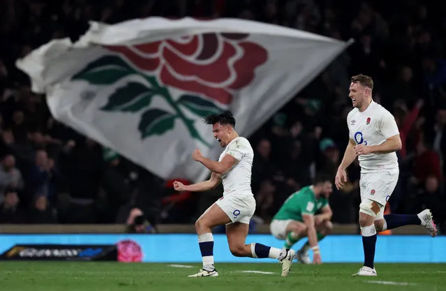 England’s Marcus Smith celebrates after scoring a drop goal to win the Rugby Union match during the Six Nations Championship, England v Ireland at Twickenham stadium in London, UK on March 9, 2024. (Photo by Paul Childs/Action Images via Reuters)