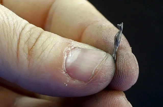 Jadranko Djordjevic, a self-taught artist, shows his miniature sculpture on a graphite pencil in Tuzla, Bosnia and Herzegovina April 26, 2016. (Photo by Dado Ruvic/Reuters)