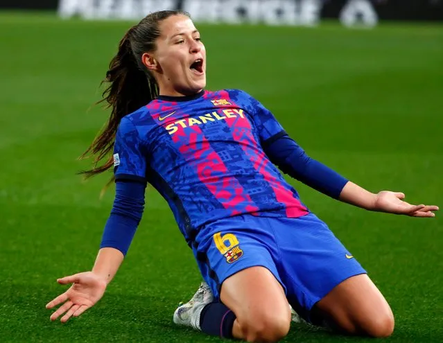 Barcelona's Claudia Pina celebrates after scoring against Real Madrid during the Women's Champions League quarter final, second leg soccer match between Barcelona and Real Madrid at Camp Nou stadium in Barcelona, Spain, Wednesday, March 30, 2022. (Photo by Joan Monfort/AP Photo)
